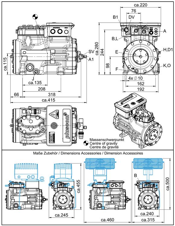 Чертёж с размерами, вид с размерами и подключениями компрессора BOCK HG12P/75-4